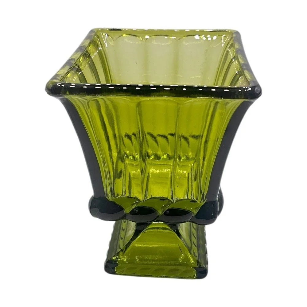 VTG 60s Heavy Olive Green Glass Rectangle Compote /Candy Dish Footed Ribbed Base